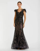 Black Embellished Feather Cap Sleeve Illusion Neck Trumpet Gown